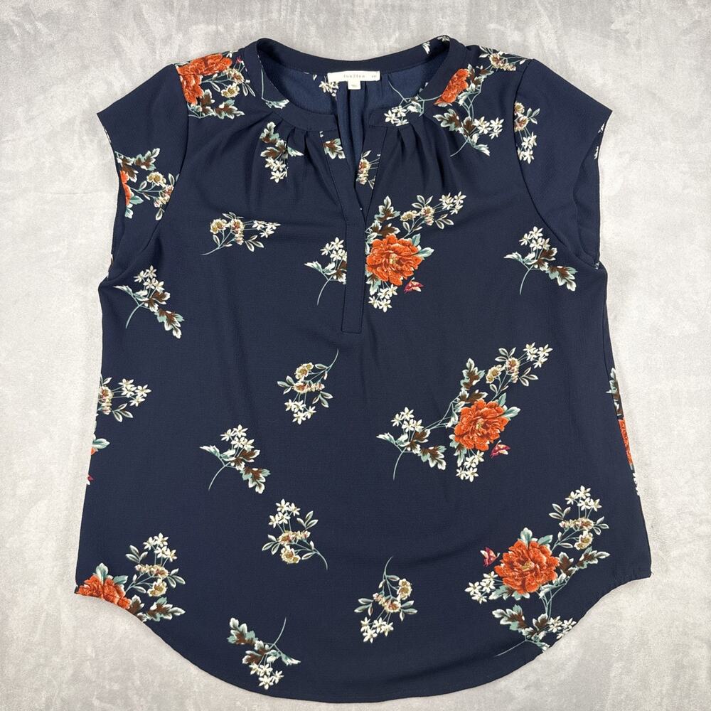 Fun2Fun Womens XXL Navy Floral Sleeveless Split Neck Pleated Blouse Top